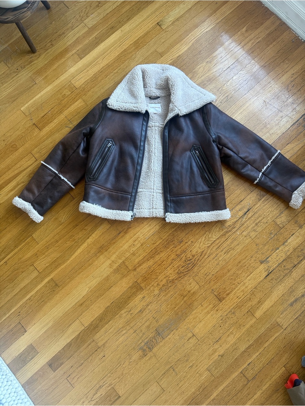 Lucky Brand Women’s Faux Leather Shearling Jacket with Cream Trim
